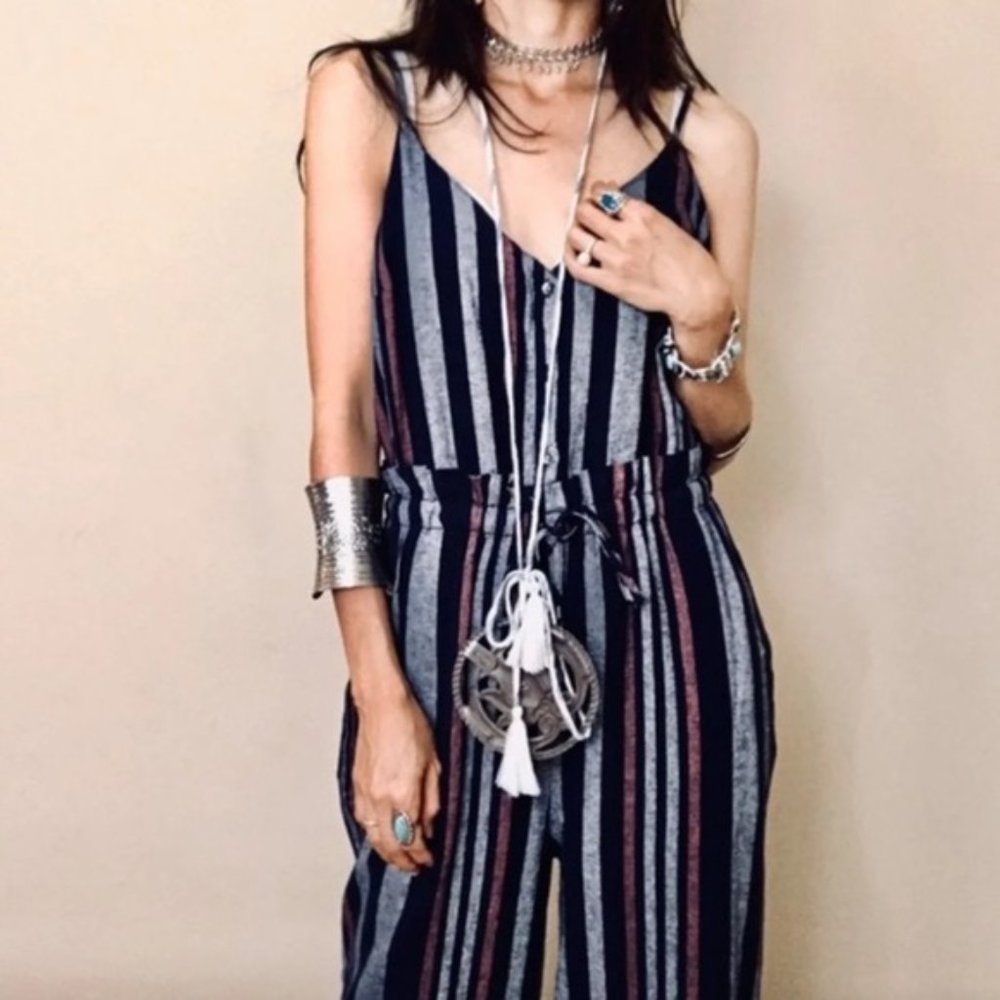SPLENDID striped linen wide leg striped sleeveless button front jumpsuit